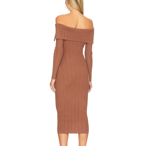 NBD Brown Ribbed Knit Midi Dress XS Off Shoulder Marlow Bodycon Revolve $198 NEW - Picture 3 of 7